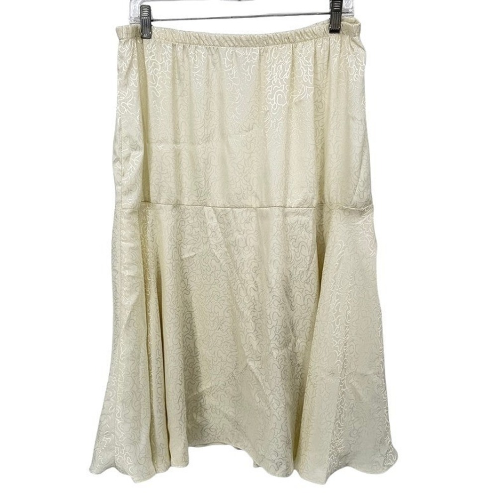 VTG Satin Jacquard Midi Skirt Cream Elastic Waist USA Made Whimsical Size XL